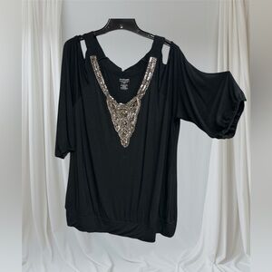 Lane Bryant Black Cold Shoulder Top with Silver and Gold Accents